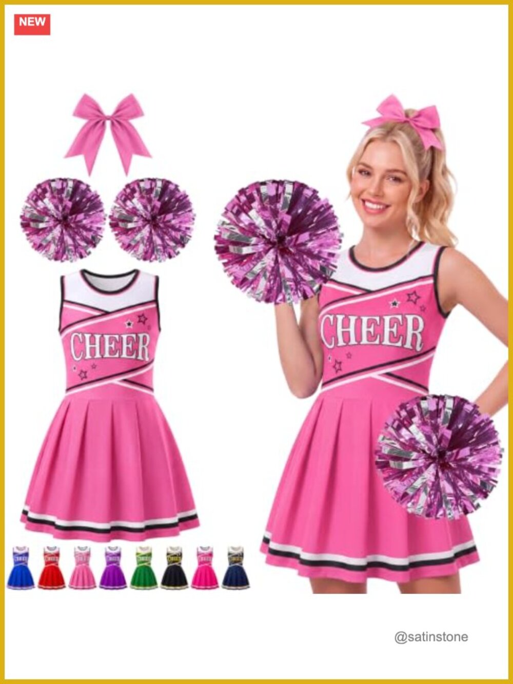 Cheerleader Costume Set Dress Pom Poms Bow Halloween Cosplay
